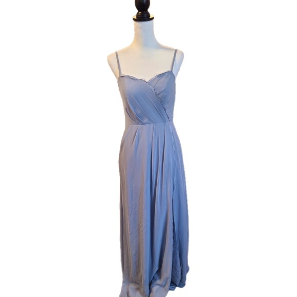 Azazie NWT Tegan Slate Blue Chiffon & Eyelash Lace Long A-line Gown, Size 4 - Picture 3 of 11